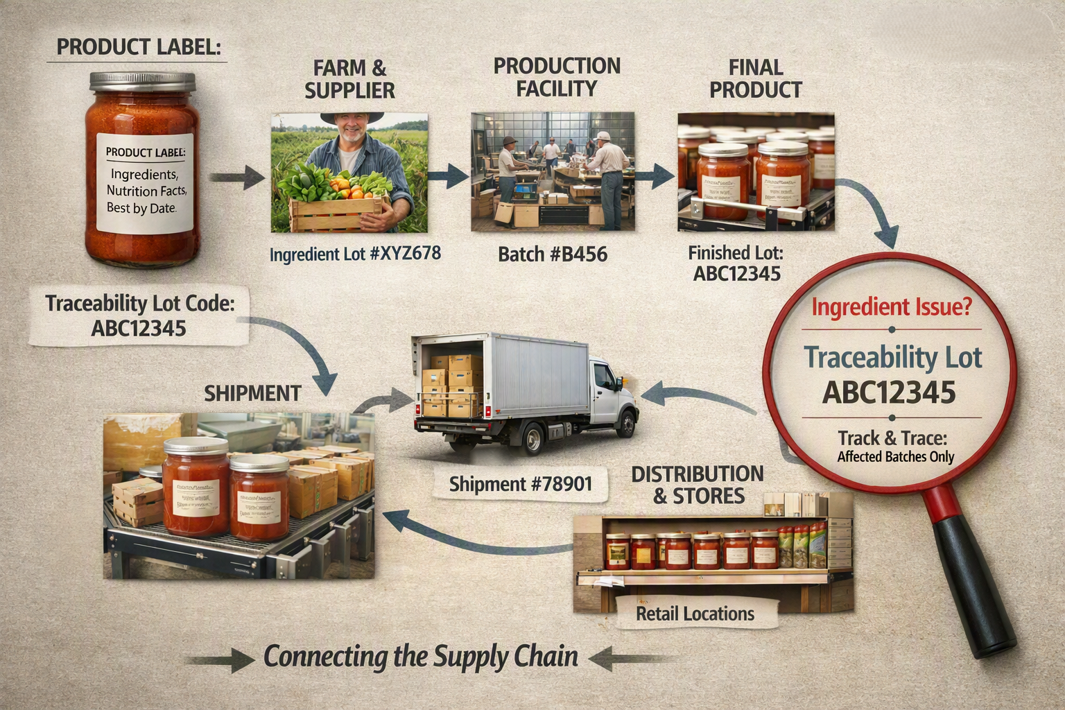 Complex food supply chain from farm to consumer